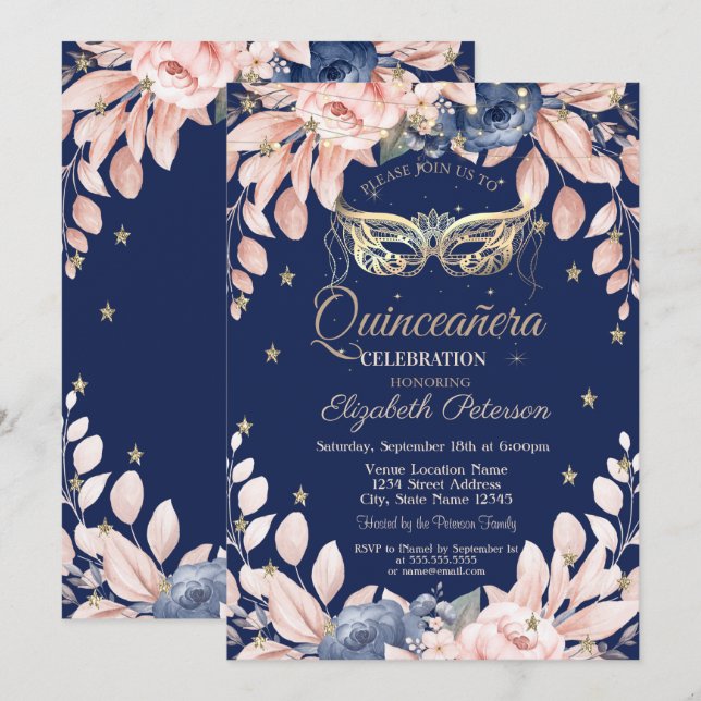 Invitación Mascarada, Flores azules, Estrellas de oro Quincea (Anverso / Reverso)
