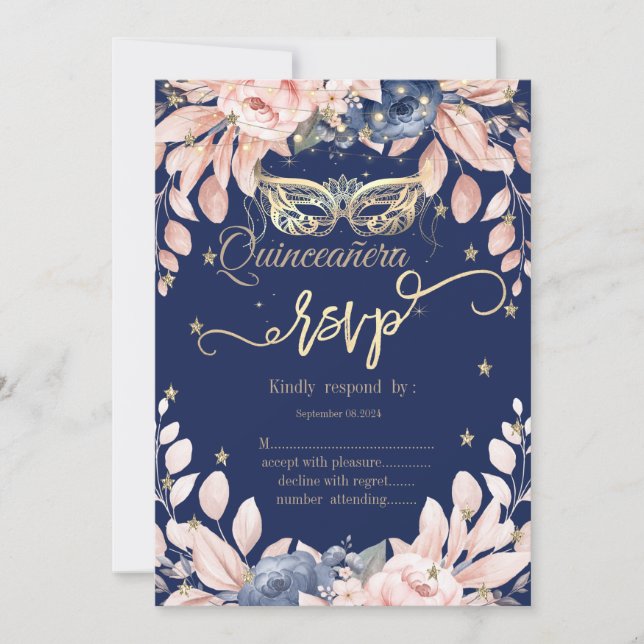 Invitación Mascarada,Flores Azules,Estrellas Doradas RSVP (Anverso)