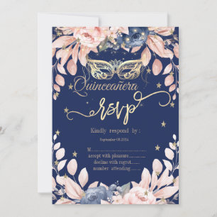 Invitación Mascarada,Flores Azules,Estrellas Doradas RSVP