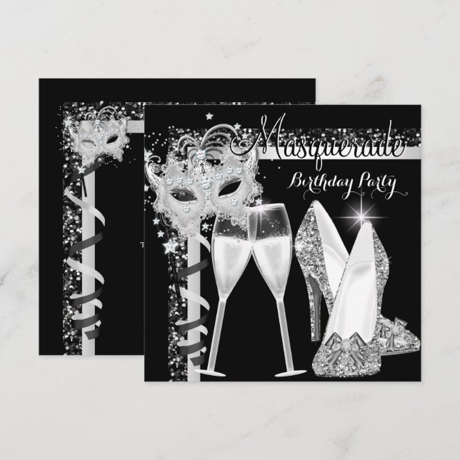 Invitación Mascarada Hi Heels Plata Negro Champagne Fiesta 2 (Anverso / Reverso)