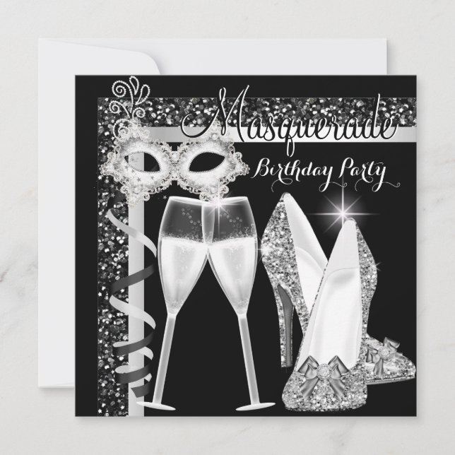 Invitación Mascarada Hi Heels Silver Fiesta de champán negro (Anverso)