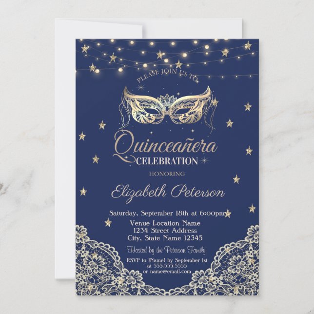 Invitación Mascarada,Luces de Cadena,Encaje,Estrellas Quincea (Anverso)
