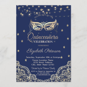 Invitación Mascarada,Luces de Cadena,Encaje,Estrellas Quincea