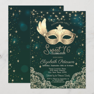 Invitación Mascarada,Luces de Cadena,Encaje,Estrellas Verde D