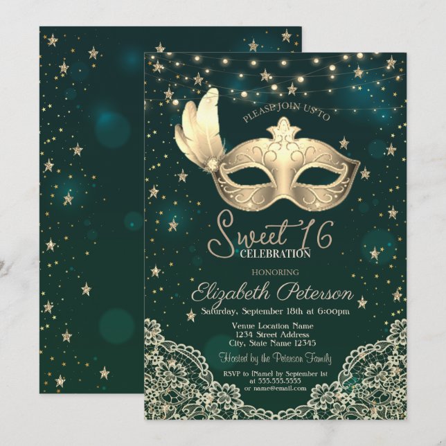 Invitación Mascarada,Luces de Cadena,Encaje,Estrellas Verde D (Anverso / Reverso)