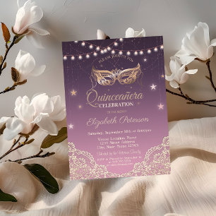 Invitación Mascarada,Luces de Cadena,Encaje Quinceañera