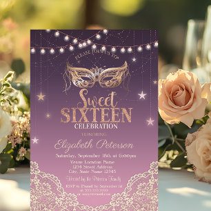 Invitación Mascarada,Luces de Cadena,Encaje Sweet 16