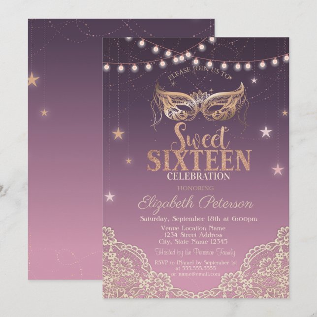Invitación Mascarada,Luces de Cadena,Encaje Sweet 16 (Anverso / Reverso)