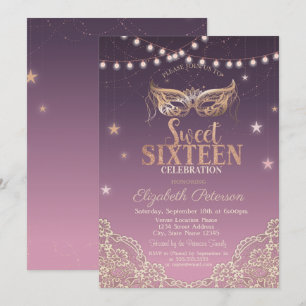 Invitación Mascarada,Luces de Cadena,Encaje Sweet 16