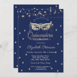 Invitación Mascarada, luces de cadena, estrellas de oro Quinc