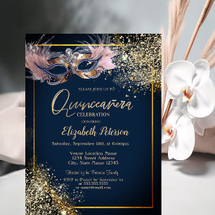 Invitación Mascarada Máscara Brillo Azul Marino Quinceañera