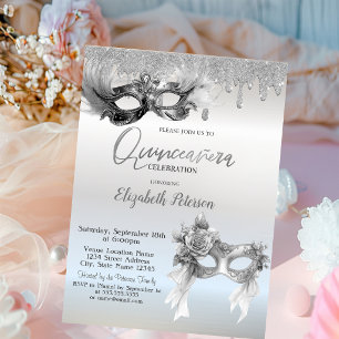 Invitación Mascarada Máscara Brillo Gotea Quinceañera Plata