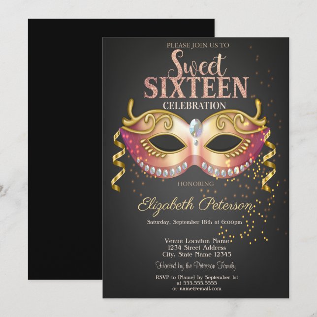 Invitación Mascarada, Máscara, Confeti Dulces 16 (Anverso / Reverso)