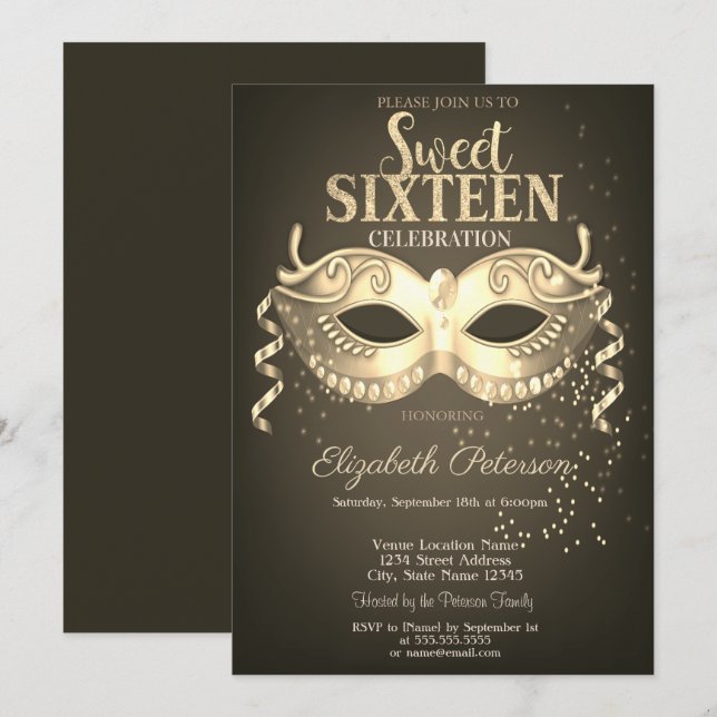 Invitación Mascarada, Máscara, Confeti Dulces 16 Dorado (Anverso / Reverso)