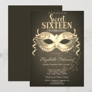 Invitación Mascarada, Máscara, Confeti Dulces 16 Dorado