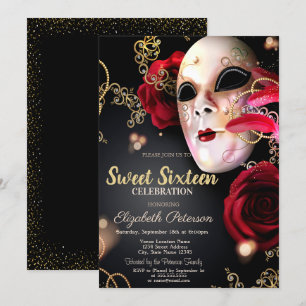 Invitación Mascarada, Máscara, Confeti Rosas Rojas Sweet 16
