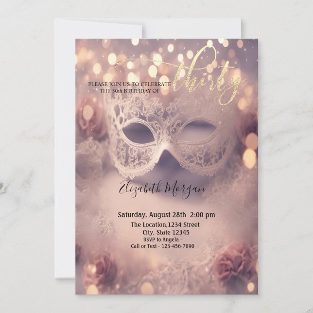 Invitación Mascarada, Máscara de encaje blanco Cumpleaños 30 (Anverso)