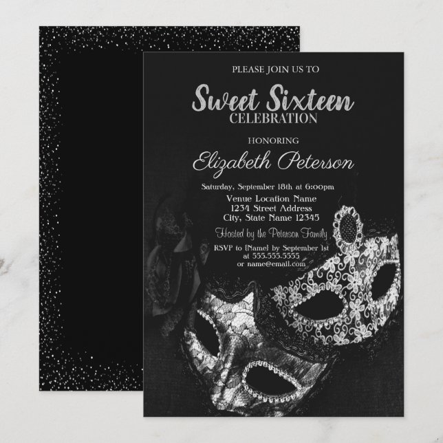 Invitación Mascarada,Máscara,Negro,Confeti Gris Cumpleaños Du (Anverso / Reverso)