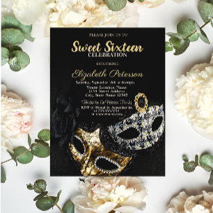 Invitación Mascarada, Máscara, Negro, Dulces 16 con Confeti