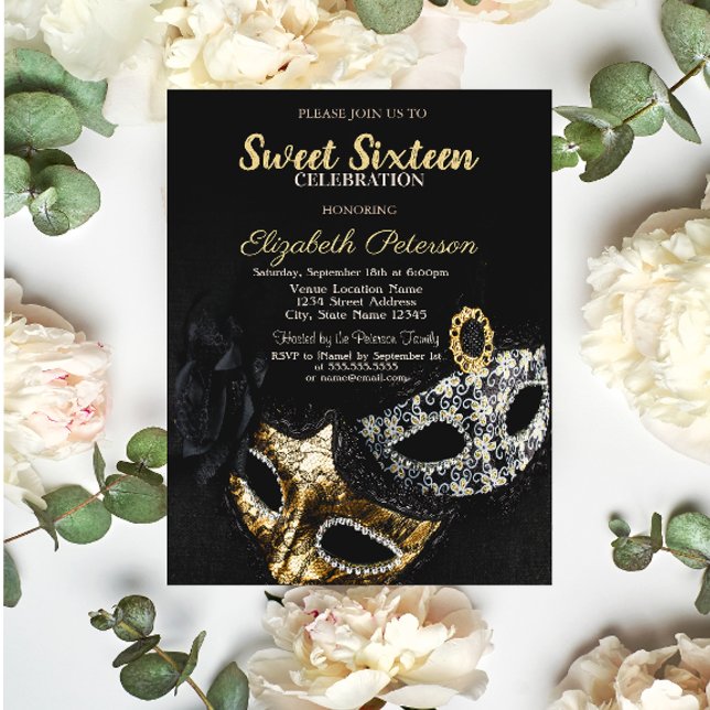 Invitación Mascarada, Máscara, Negro, Dulces 16 con Confeti (Subido por el creador)