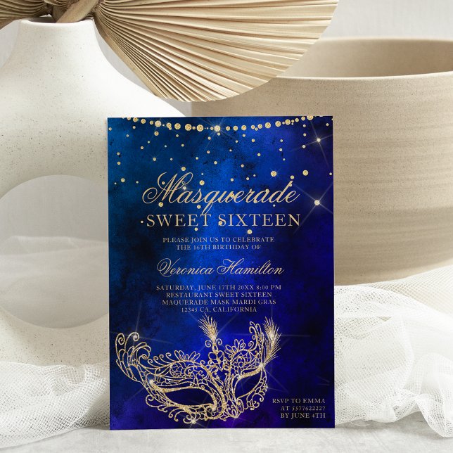 Invitación Mascarada máscara oro azul purpurina Sweet 16 (Subido por el creador)