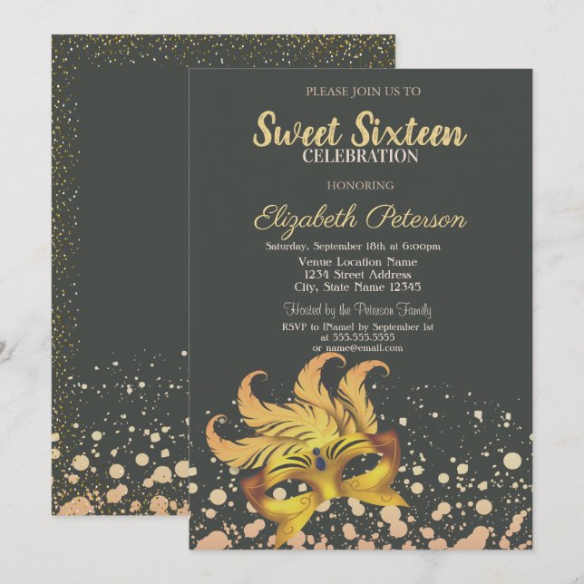 Invitación Mascarada,Máscara,Puntos,Confeti Dulces 16 (Anverso / Reverso)