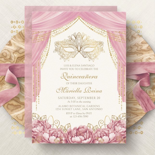 Invitación Mascarada máscara Rubor rosa Quinceanera (Subido por el creador)