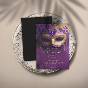 Invitación Mascarada Máscara Veneciana de Oro Morado 50 cumpl