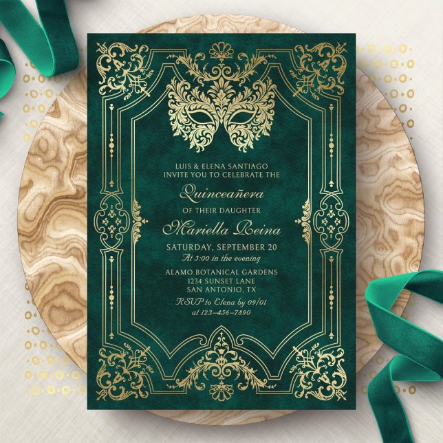 Invitación Mascarada Máscara Verde Elegante Quinceanera (Subido por el creador)