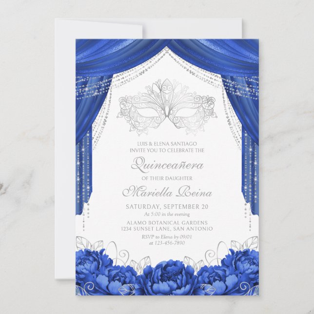 Invitación Mascarada Mascarada Real Azul Quinceanera (Anverso)