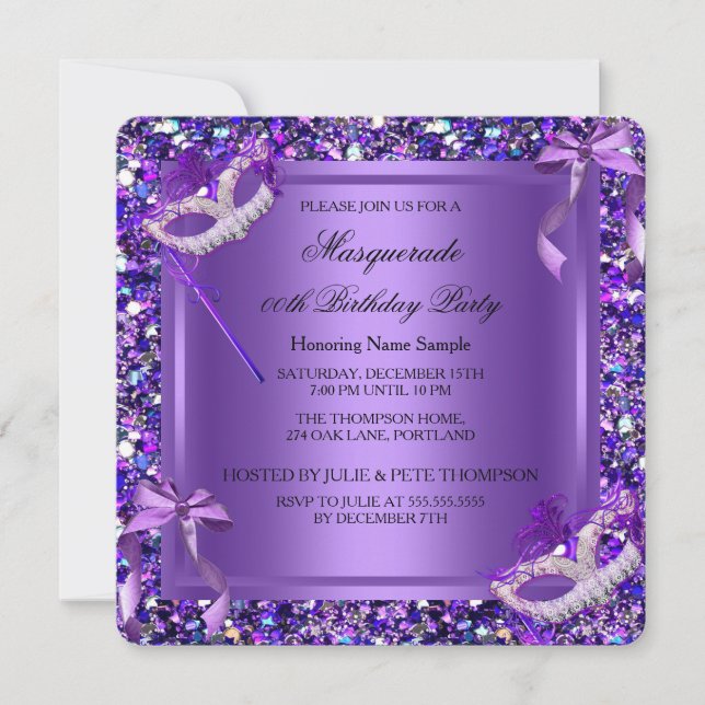 Invitación Mascarada Máscaras púrpuras Purpurina Fiesta de cu (Anverso)