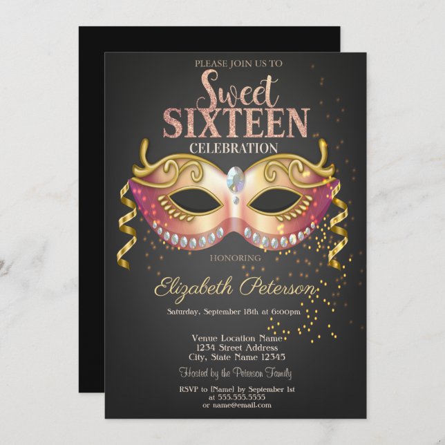 Invitación Mascarada, Masque, Confetti Sweet 16 (Anverso / Reverso)