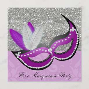 Invitación Mascarada morada y plateada Fiesta Máscara venecia