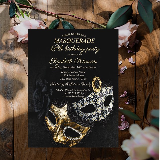 Invitación Mascarada negra elegante, cumpleaños 18 de la mezq (Subido por el creador)
