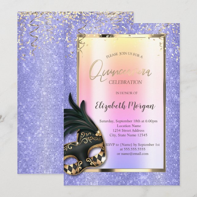 Invitación Mascarada negra Lavander Quinceañera (Anverso / Reverso)