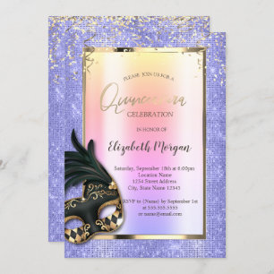 Invitación Mascarada negra Lavander Quinceañera