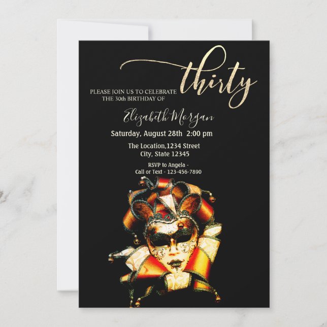 Invitación Mascarada, negro mágico 30 cumpleaños (Anverso)
