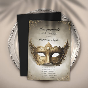 Invitación Mascarada Oro Antiguo Máscara de Venecia 50 cumple