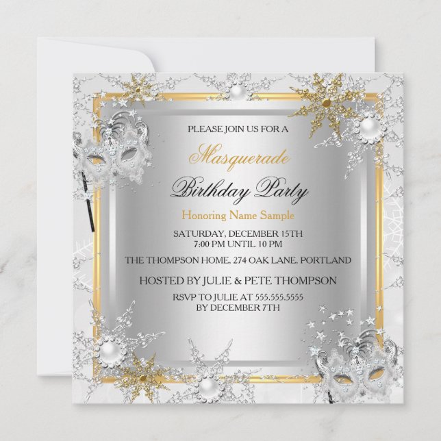 Invitación Mascarada Oro copos de nieve Máscaras de plata Fie (Anverso)