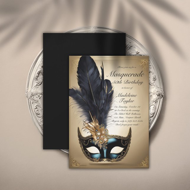 Invitación Mascarada Oro Negro Máscara de Venecia 50 cumpleañ (masquerade 50th birthday party invitation glamorous gold black venetian mask elegant modern classy)