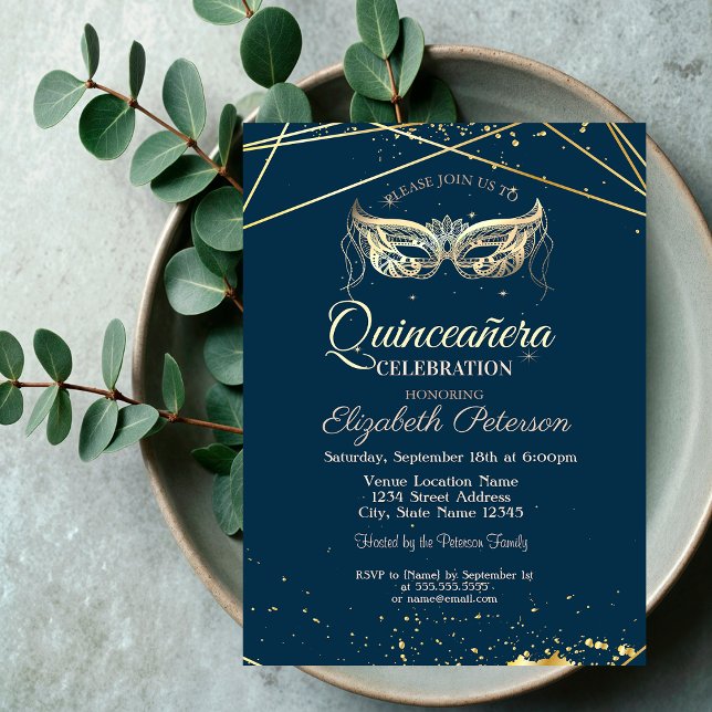 Invitación Mascarada, oro, quinceañera azul de la marina (Subido por el creador)
