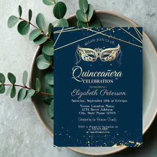 Invitación Mascarada, Oro, Quinceañera Azul Marino