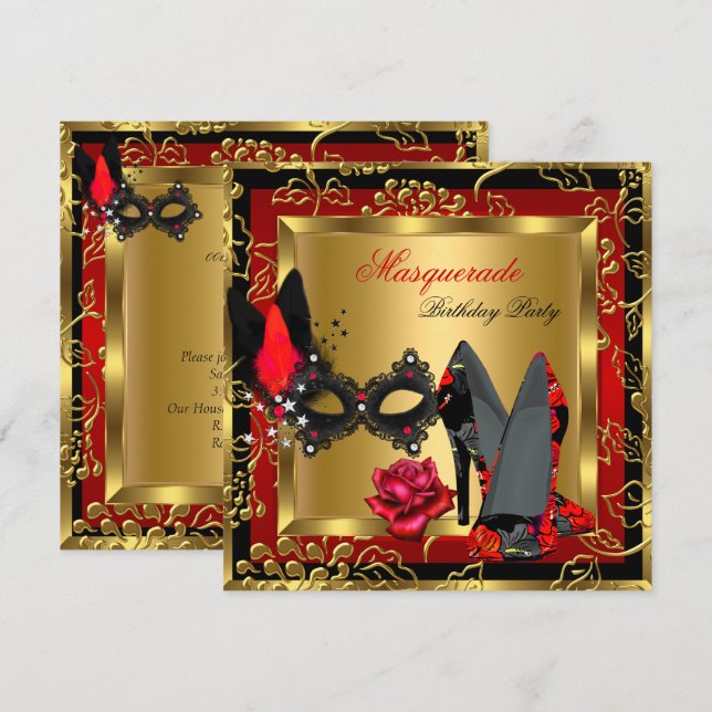 Invitación Mascarada Oro Rojo Rojo Talla Alta Rosa (Anverso / Reverso)
