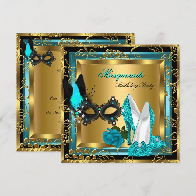 Invitación Mascarada Oro Verde azulado Purpurina Negro Máscar (Anverso / Reverso)