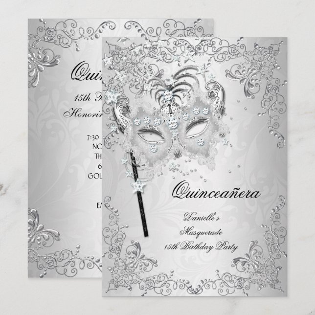 Invitación Mascarada Plata Quinceañera Cumpleaños 15 (Anverso / Reverso)