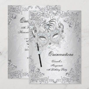 Invitación Mascarada Plata Quinceañera Cumpleaños 15