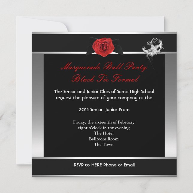 Invitación Mascarada Prom de secundaria Dance Silver Red (Anverso)