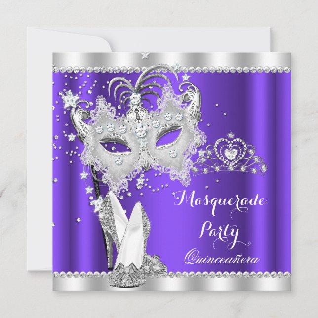 Invitación Mascarada púrpura Mascarada Quinceanera Mask Hi He (Anverso)