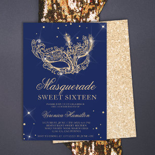 Invitación Mascarada purpurina dorado azul marino Sweet 16