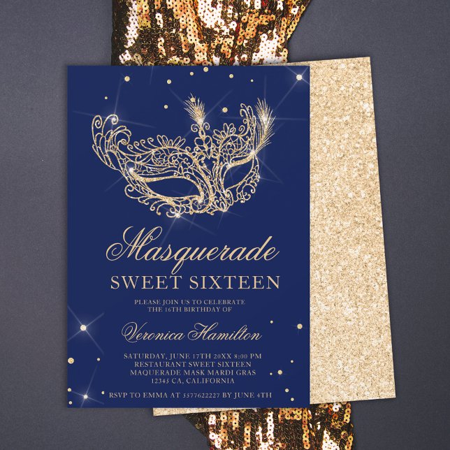 Invitación Mascarada purpurina dorado azul marino Sweet 16 (Subido por el creador)
